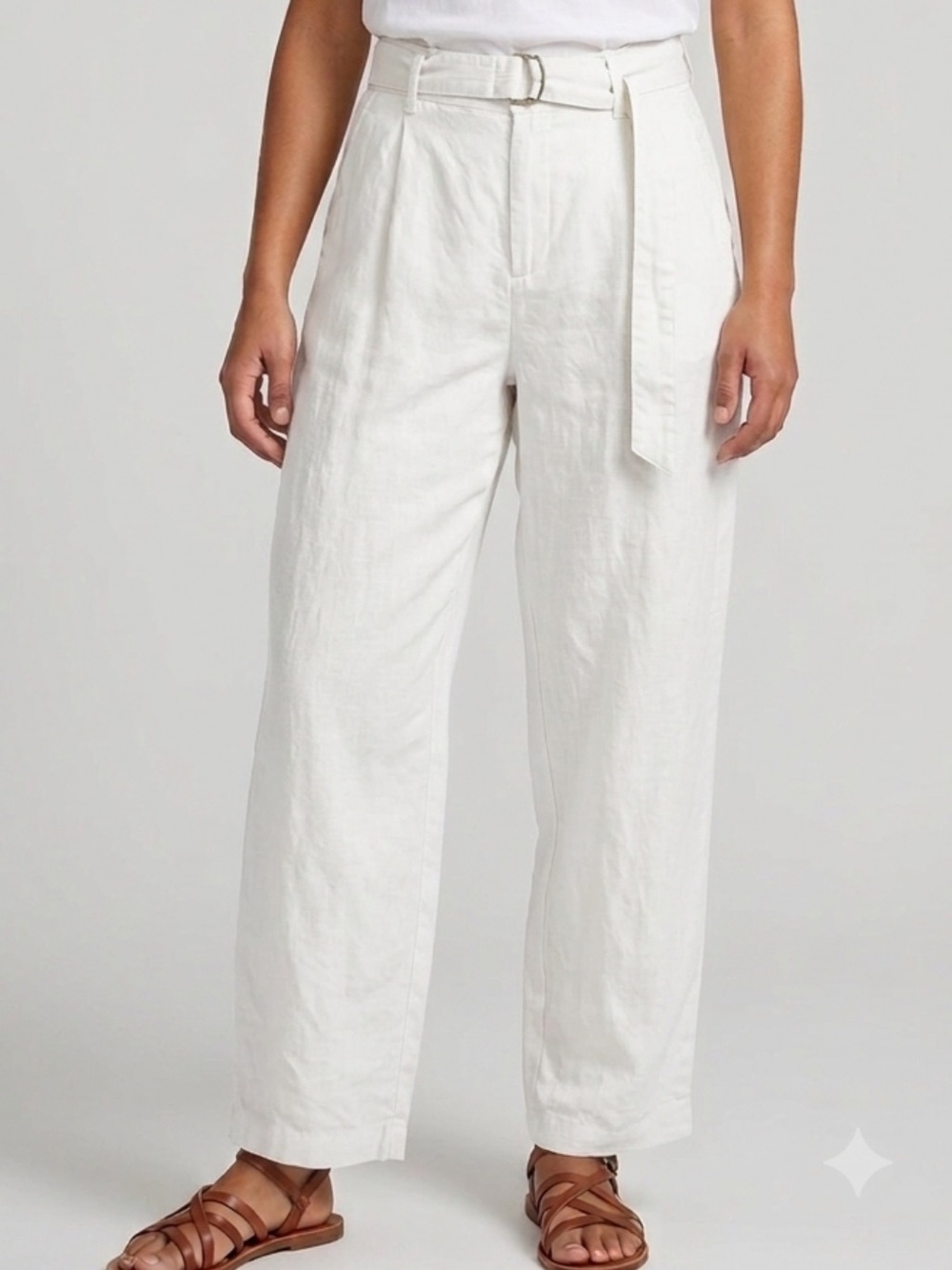 Zara 100% Linen Trouser Pant Womens Size 32 Natural Ecru Belted Wide Leg Pockets